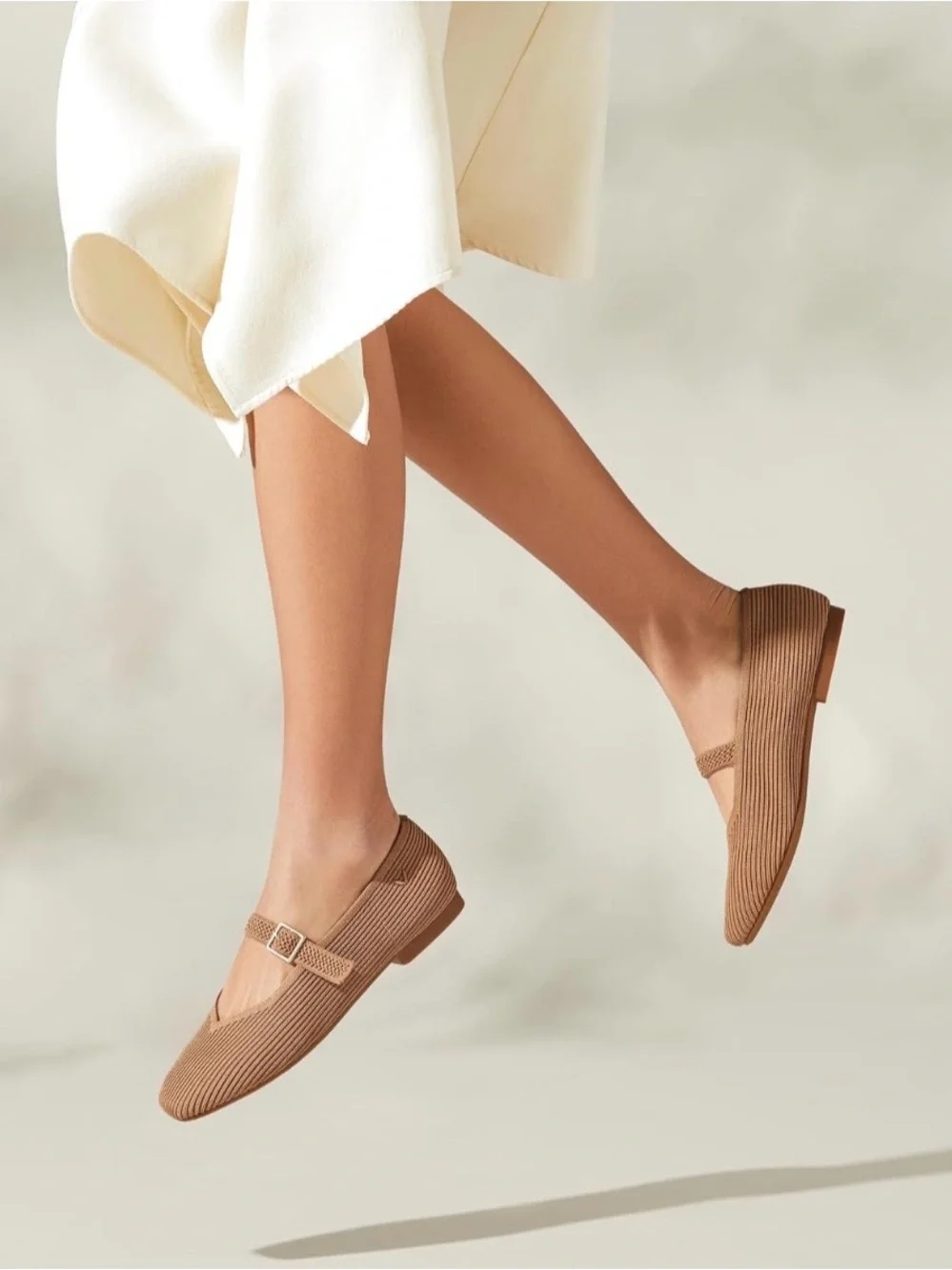 VIVAIA Margot Mary Jane Square Toe Flats - Nutmeg / Beige (Size EU 37 / US 6.5)